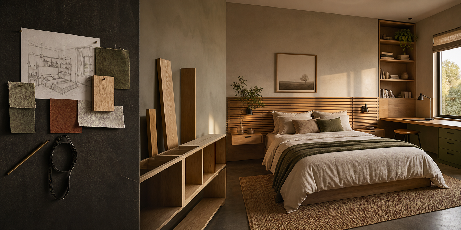 A room concept progressing from moodboard and raw timber into a finished custom bedroom